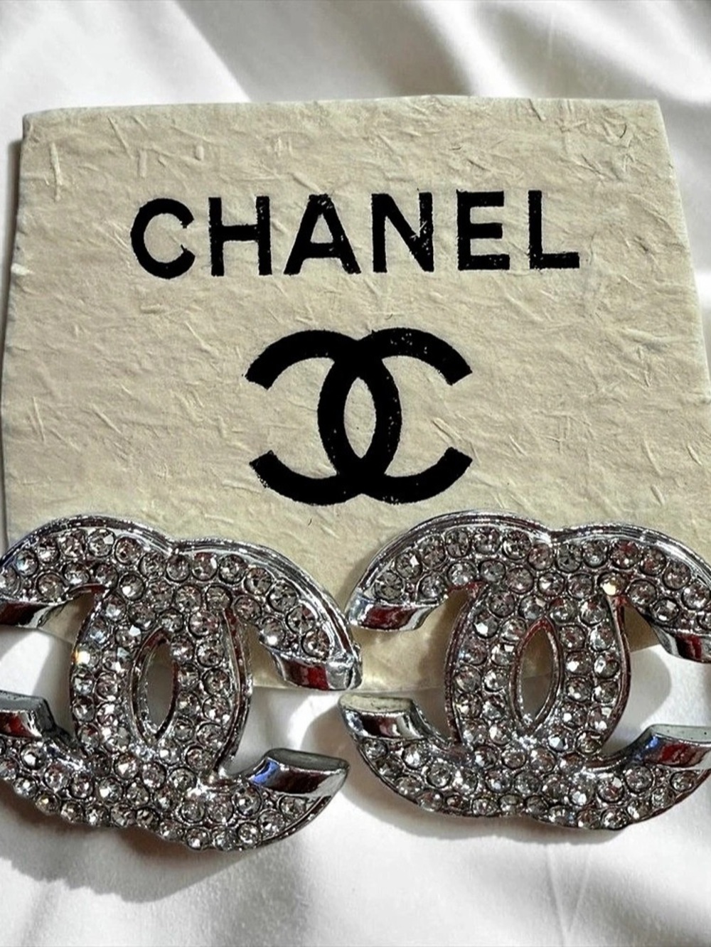 Silver Toned Crystal CC Logo Stud Earrings NEW